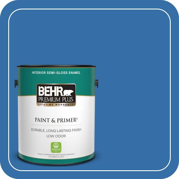 BEHR PREMIUM PLUS 1 gal. #P520-6 Mega Blue Semi-Gloss Enamel Low Odor Interior Paint & Primer