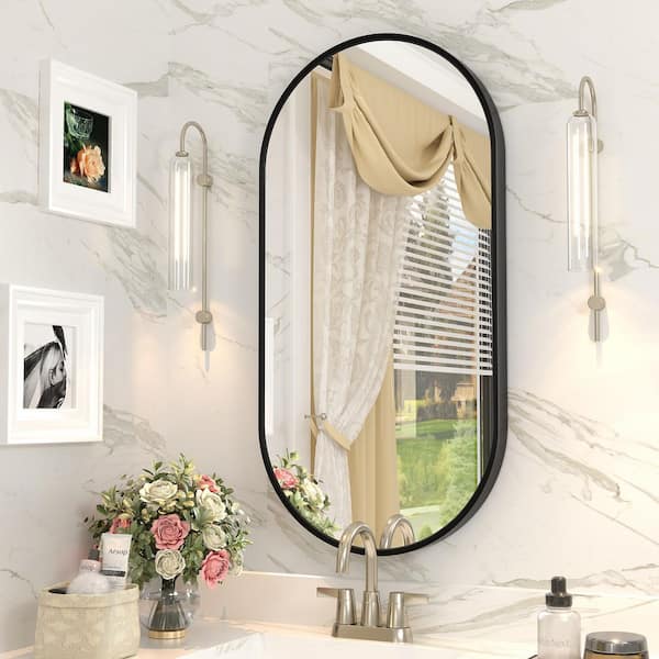 20 in. W x 40 in. H Oval Aluminum Alloy Framed and Tempered Glass Wall Decor Bathroom Vanity Mirror in Matte Black