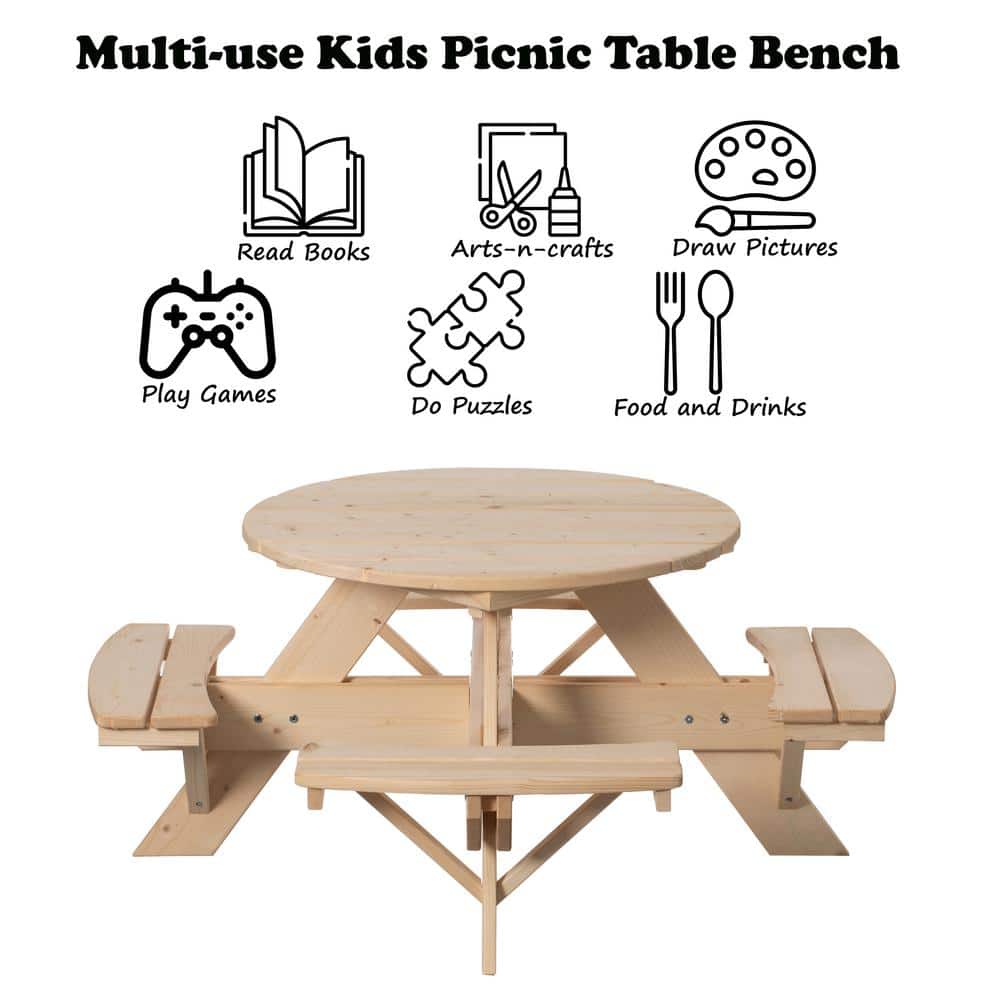 Natural Wood Round Kids Picnic Table with Benches