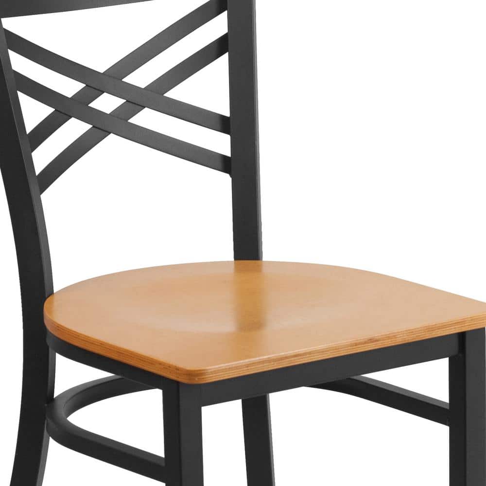 High Black Metal Cross Back Side Chair with Natural Wood Seat