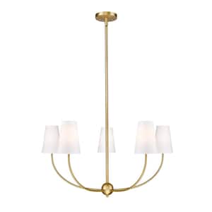 Shannon 32 in. 5-Light Rubbed Brass Shaded Chandelier Light with White Glass Shade with No Bulbs Included