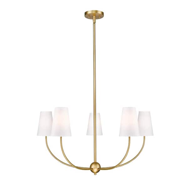 Unbranded Shannon 32 in. 5-Light Rubbed Brass Shaded Chandelier Light with White Glass Shade with No Bulbs Included