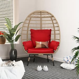 Oversized Wicker Egg Chair Indoor Outdoor Large Lounge Chair with Red Cushions