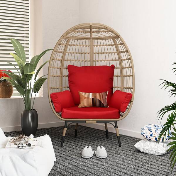 UPHA Oversized Wicker Egg Chair Indoor Outdoor Large Lounge Chair with Red Cushions
