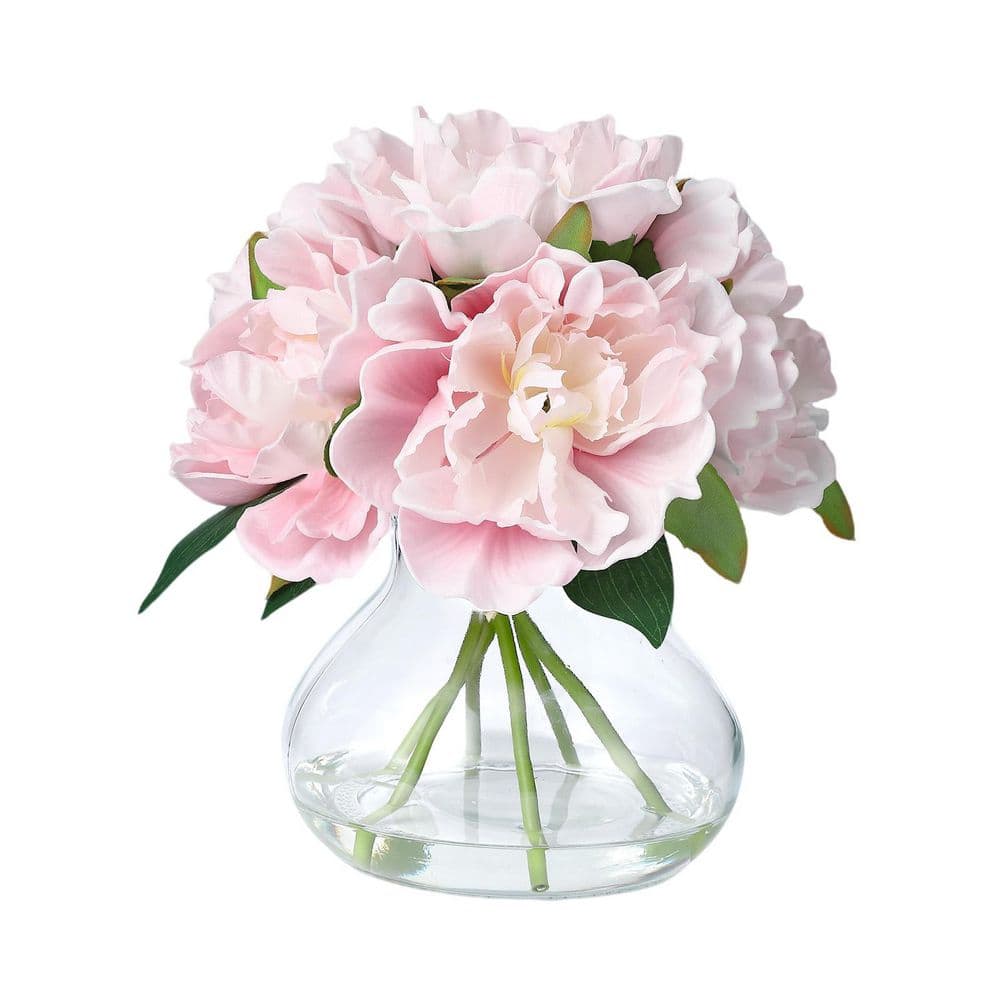 9.8 in. Pink Artificial Peonies Floral Arrangement in Glass Vase