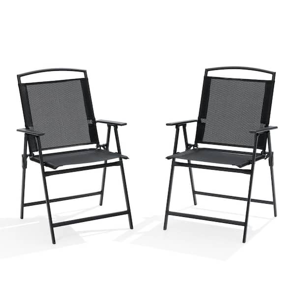 Black Textilene Fabric Metal Folding Chair (Set of 2)