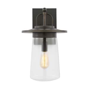 Tybee Large 1-Light Antique Bronze Hardwired Outdoor Wall Lantern Sconce with Clear Glass Shade