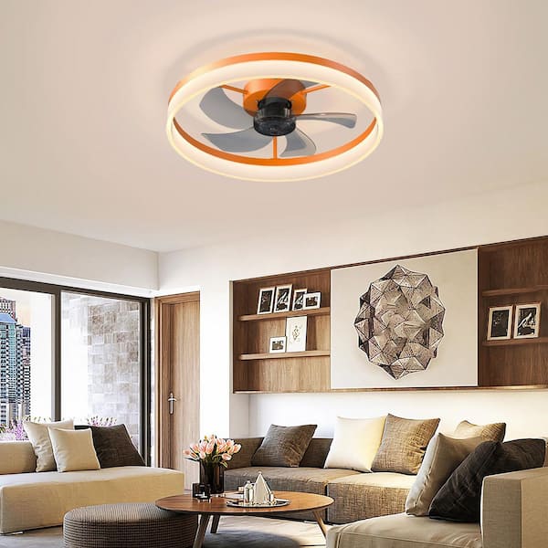 19.7 in. Indoor Orange Dimmable LED Flush Mount Fandelier Ceiling Fan with Remote Control, Adjustable 3-Color