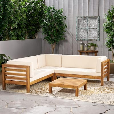 Oana Teak Brown Finish 4-Piece Wood Outdoor Sectional Set with Beige Cushions