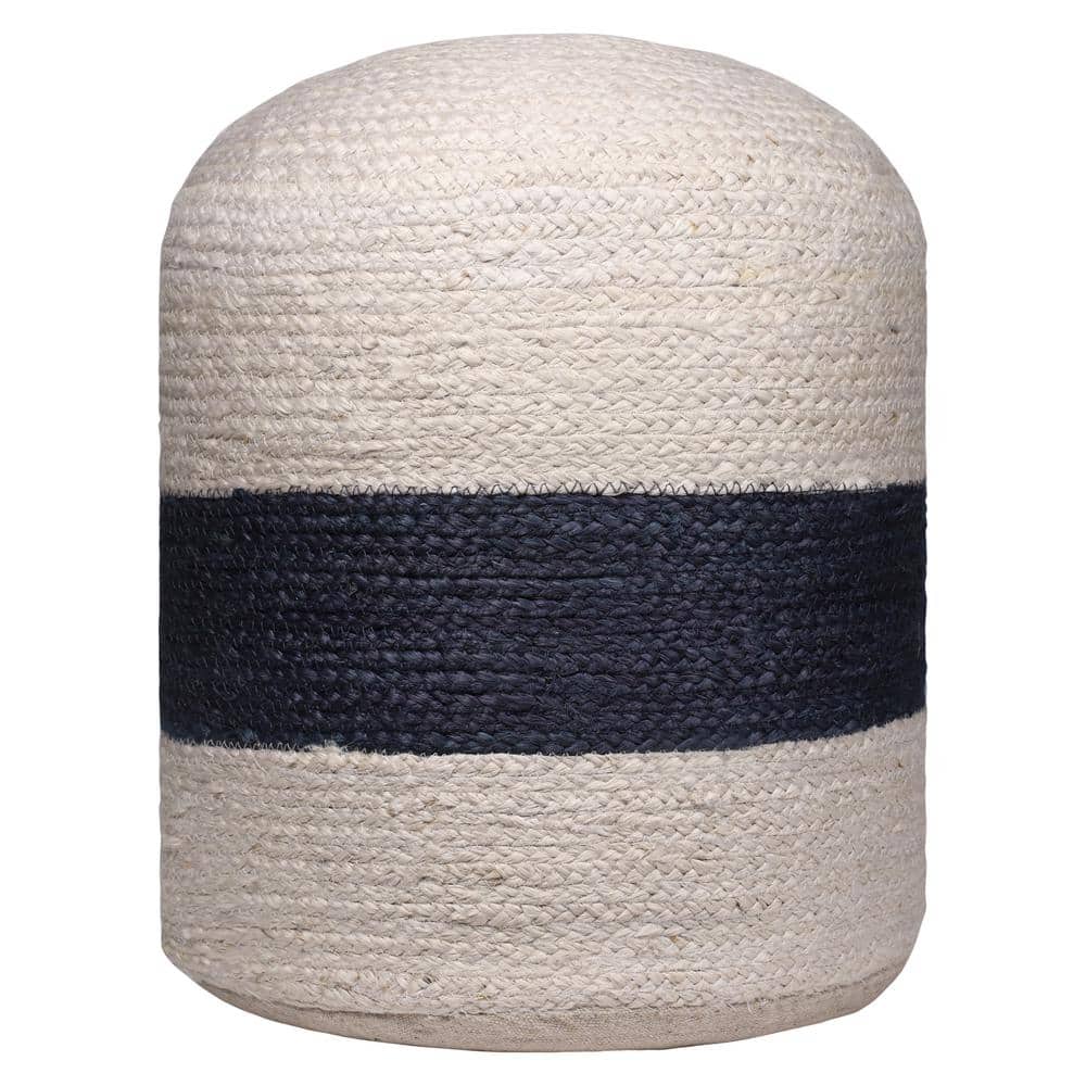 Nautical Coastal Bleach/Navy Striped Indoor Hand Made Jute Pouf