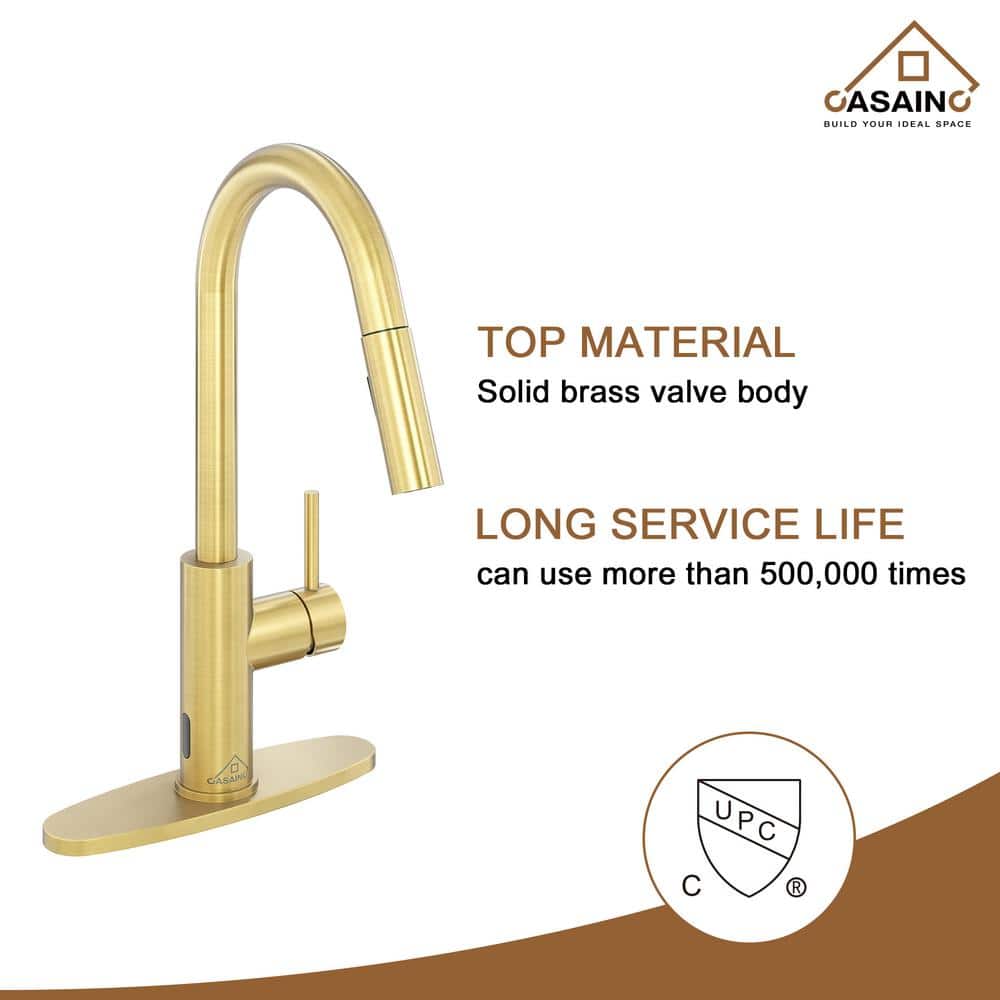 Brushed Gold Stainless Steel Pull-Down Kitchen Faucet with Infrared Sensor