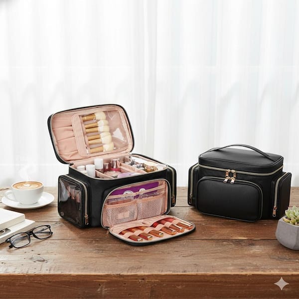 Lynzavix Black Large Capacity Travel Makeup Toiletry Bag Organizer