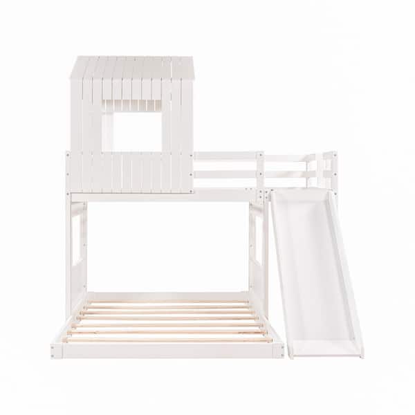 STICKON White Twin Over Full Size Wood Bunk Bed with Playhouse, Ladder, Slide and Guardrails