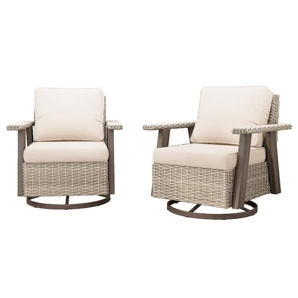 Brown Swivel Wicker Outdoor Lounge Chair Seating Set with Beige Cushions (2-Pack)