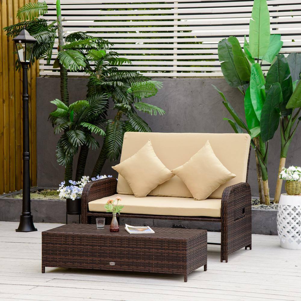 Outsunny Patio Wicker Outdoor Loveseat Sofa Set with Beige Cushions - 2