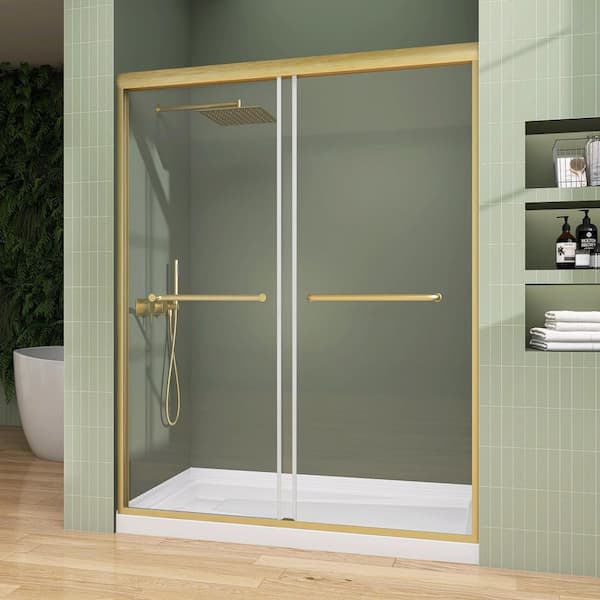 56-60 in. W x 75 in. H Semi-Frameless Sliding Bypass Glass Shower Door in Brushed Gold 5/16 in. Tempered Glass