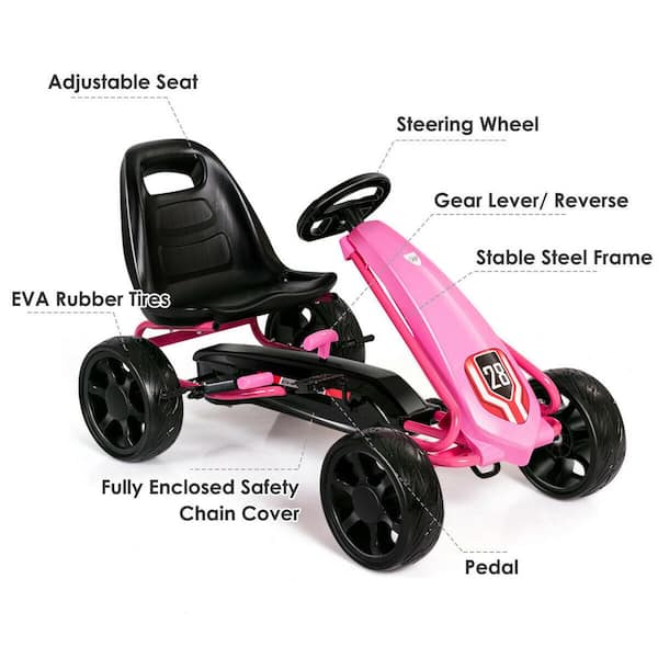 Costway Pink Go Kart Pedal Car Kids Ride On Toys Pedal Powered 4 Wheel  Adjustable Seat GHM0385PI - The Home Depot