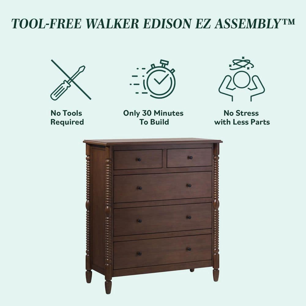 Walker Edison Furniture Company Modern Farmhouse Easy Assembly Dark Brown 5-Drawer 41.5 in. Solid Wood Spindle-Detailing Dresser