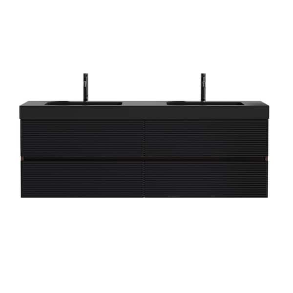60 in. Wall-Mounted Brown Bath Vanity with Black Engineered Quartz Composite Top Assembled