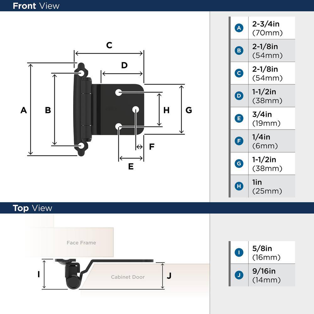 Matte Black Steel Variable Overlay Self-Closing Cabinet Hinges