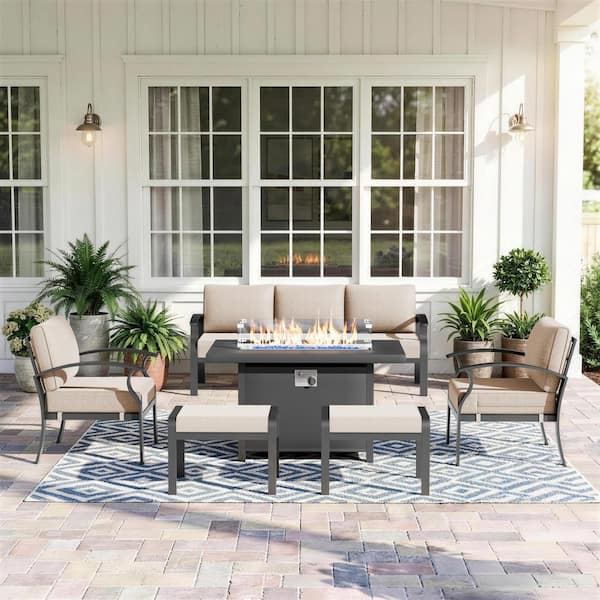 5-Piece Aluminum Outdoor Patio Conversation Set with armrest, 55000 BTU Propane Firepit Table and Sand Cushions