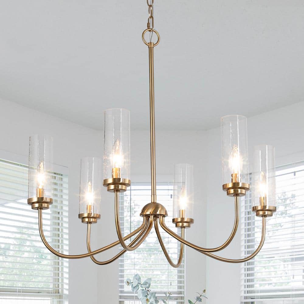 LNC Plated Brass Linear Candlestick Island Chandelier 6-Light Pendant Light with Seeded Glass Shades for Bedroom Dining Room