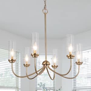 Plated Brass Linear Candlestick Island Chandelier 6-Light Pendant Light with Seeded Glass Shades for Bedroom Dining Room
