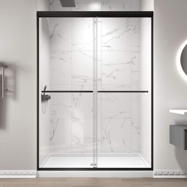 imperiol 54 in. W x 70 in. H Double Sliding Semi-Frameless Shower Door in Matte Black Finish with 1/4 in. (6mm) Clear Glass
