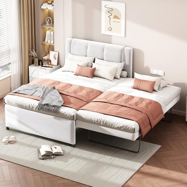 Harper & Bright Designs Beige Wood Frame Full Size Linen Upholstered Platform Bed with Trundle