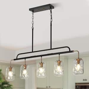 41.3 in. W Modern Linear Chandelier 5-Light Black and Brass Candlestick Island Chandelier with Textured Glass Shades