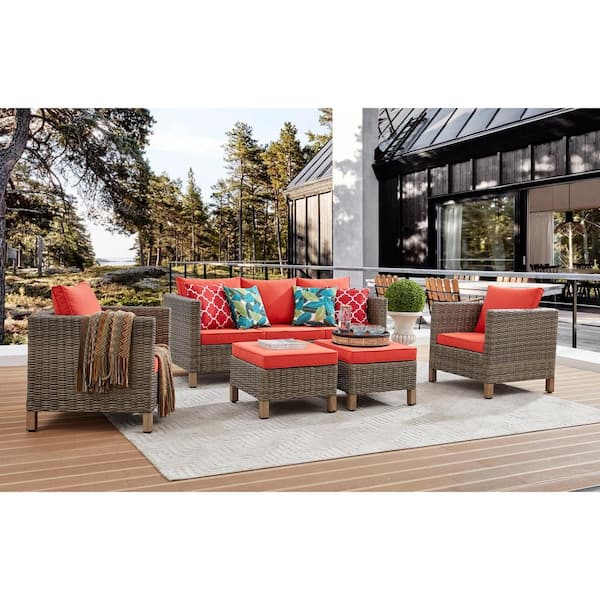 Summax 5-Piece Wicker Patio Conversation Set with Orange Cushions