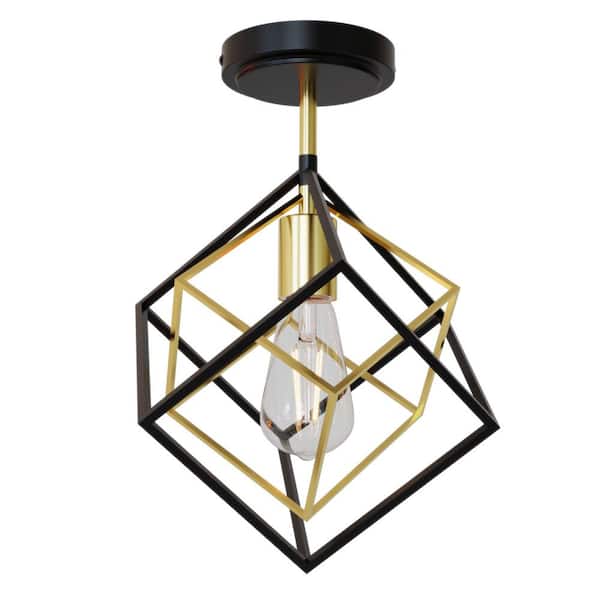 9 in. 1-Light Black Gold Semi-Flush Mount Light, Metal Ceiling Fixture for Porch, Garage, Stairway, Hallway, Balcony