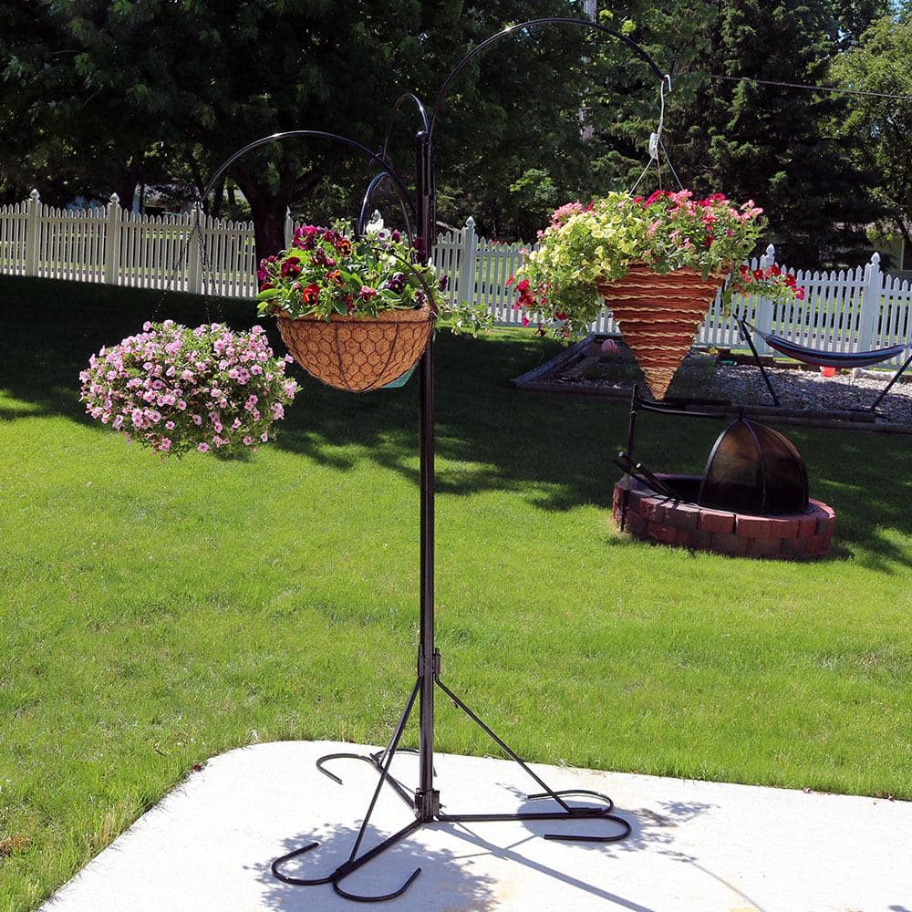 84" Black Powder-Coated Steel 4-Arm Hanging Basket Plant Stand