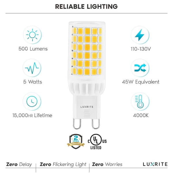 LUXRITE 45-Watt Equivalent 5-Watt G9 Base T4 Light Bulb 4000K Cool White 500 Dimmable (5-Pack) LR24672-5PK - The Home Depot