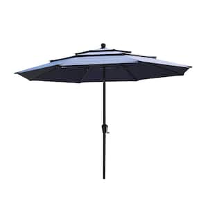 10 ft. Aluminum Pole Market Auto-Tilt Patio Umbrella with Triple Top in Navy Blue