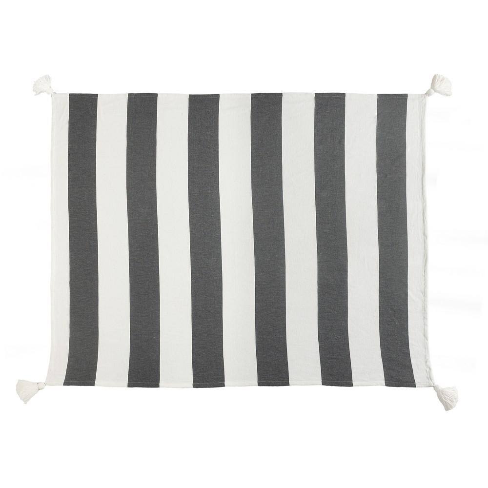 Charcoal and Ivory Striped Cotton Tasseled Throw Blanket
