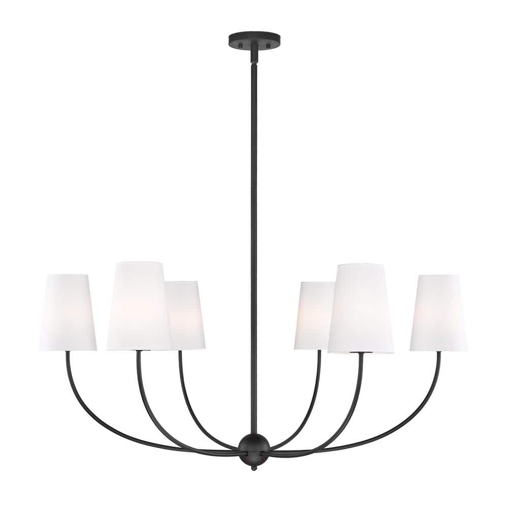 Shannon 42 in. 6-Light Matte Black Shaded Chandelier Light with White Glass