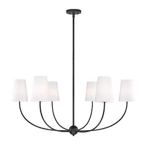 Shannon 42 in. 6-Light Matte Black Shaded Chandelier Light with White Glass Shade with No Bulbs Included