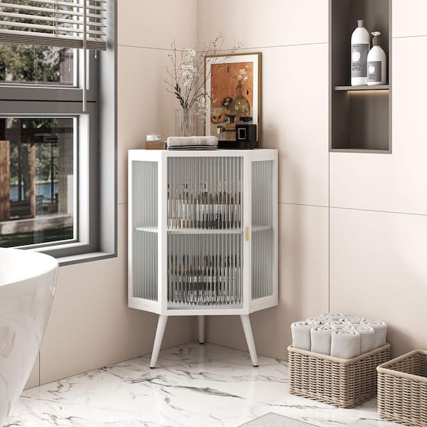 Anky 22.25 in. W x 16.54 in. D x 31.5 in. H White Metal Freestanding Linen Cabinet Glass Plus Corner Bathroom Storage