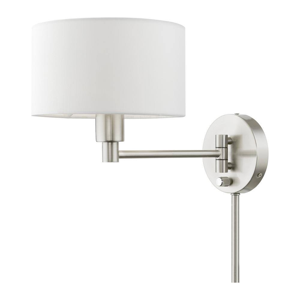 Transitional Brushed Nickel Swing Arm Wall Lamp with Off-White Shade