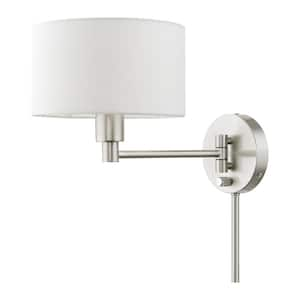 Atwood 1-Light Brushed Nickel Plug-In/Hardwired Swing Arm Wall Lamp with Off-White Fabric Shade