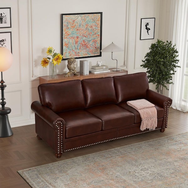 Torwyn French 82.68 in. Rolled Arm Nailheads Faux Leather Upholstered Rectangle 3-Seats Storage Sofa in Burgundy