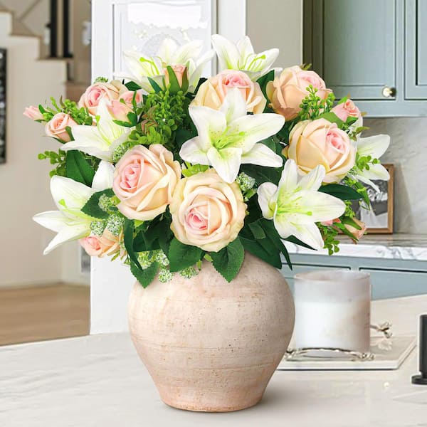 18 in. Ivory Pink Artificial Mixed Rose Stargazer Lily Flower Stem Bush Bouquet (Set of 2)