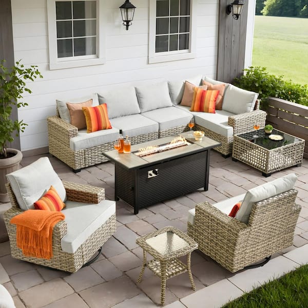 Toject Torino Gray 10-Piece Wicker Outdoor Patio Conversation Sofa Sectional Set with a Metal Fire Pit and Light Gray Cushions