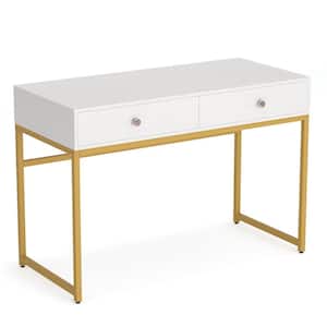 Moronia 48 in. Rectangle White Engineered Wood 2-Drawer Computer Desk 2-Drawers Writing Desk with Golden Metal Frame
