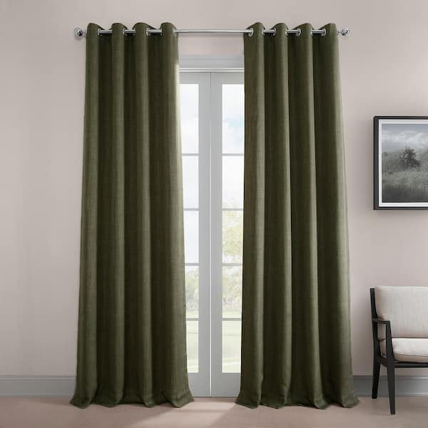 Khaki Green Faux Linen Grommet Curtains 50 in. W x 96 in. L Room Darkening Curtain (Single Panel)