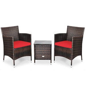 3-Piece Wicker Patio Conversation Set with Red Cushions and Small Coffee Table