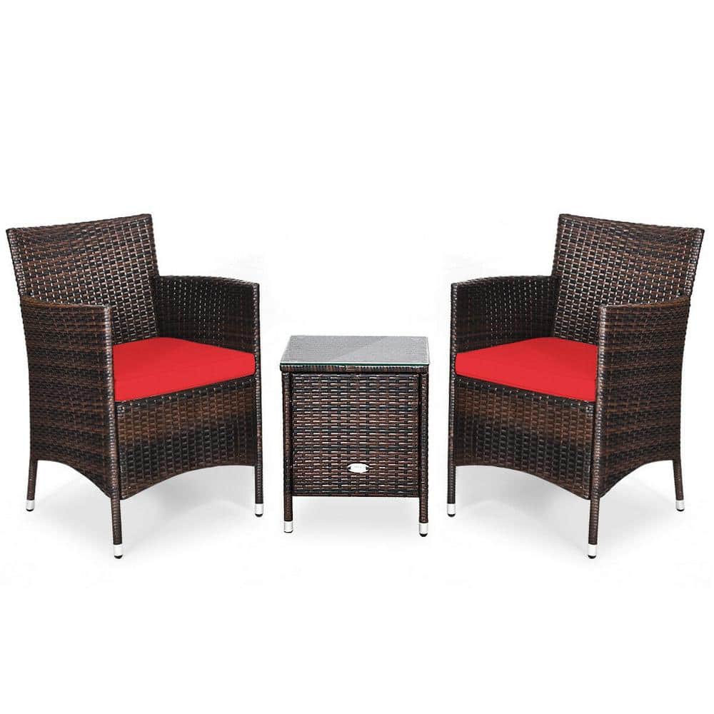 3-Piece Wicker Patio Conversation Set with Red Cushions