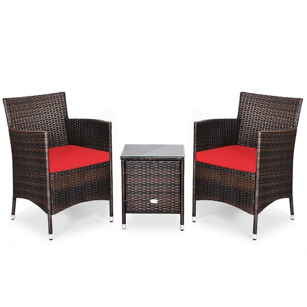 Unbranded 3-Piece Wicker Patio Conversation Set with Red Cushions