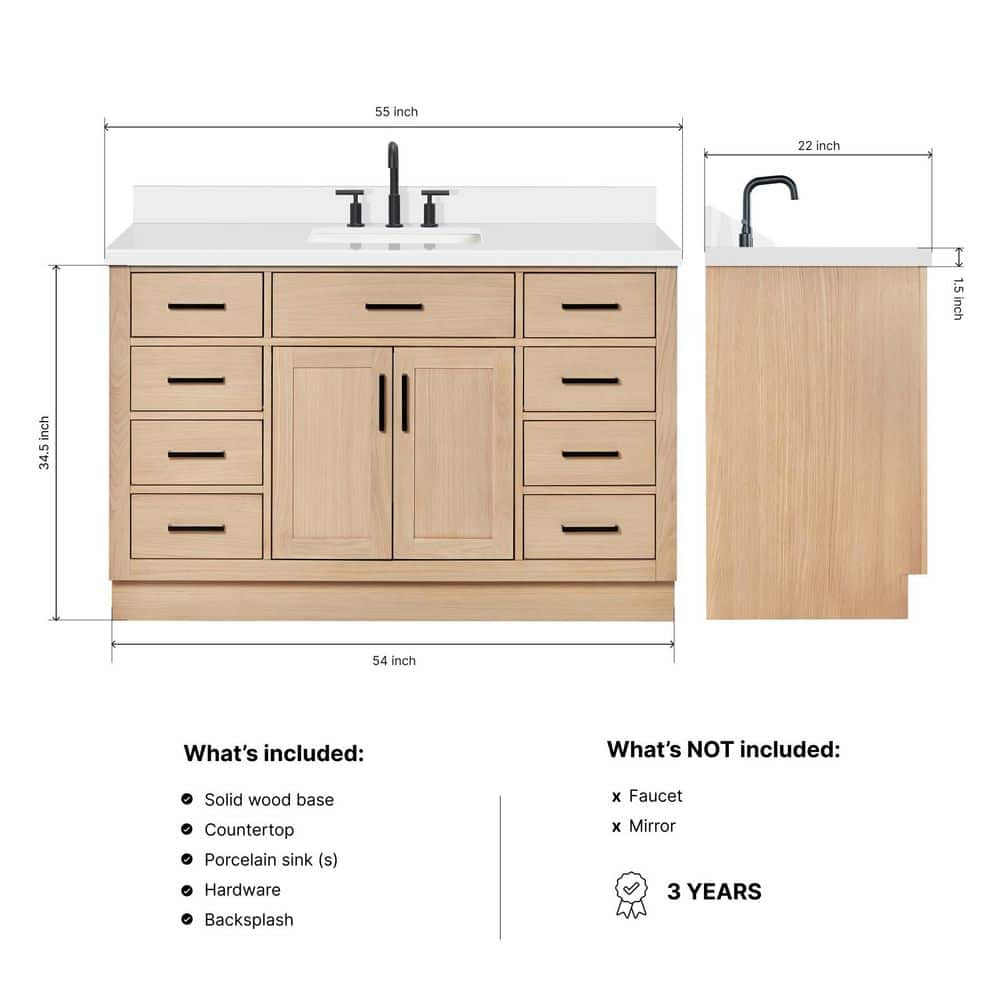 Hepburn 55" Oak Freestanding Single Sink Vanity with Quartz Top